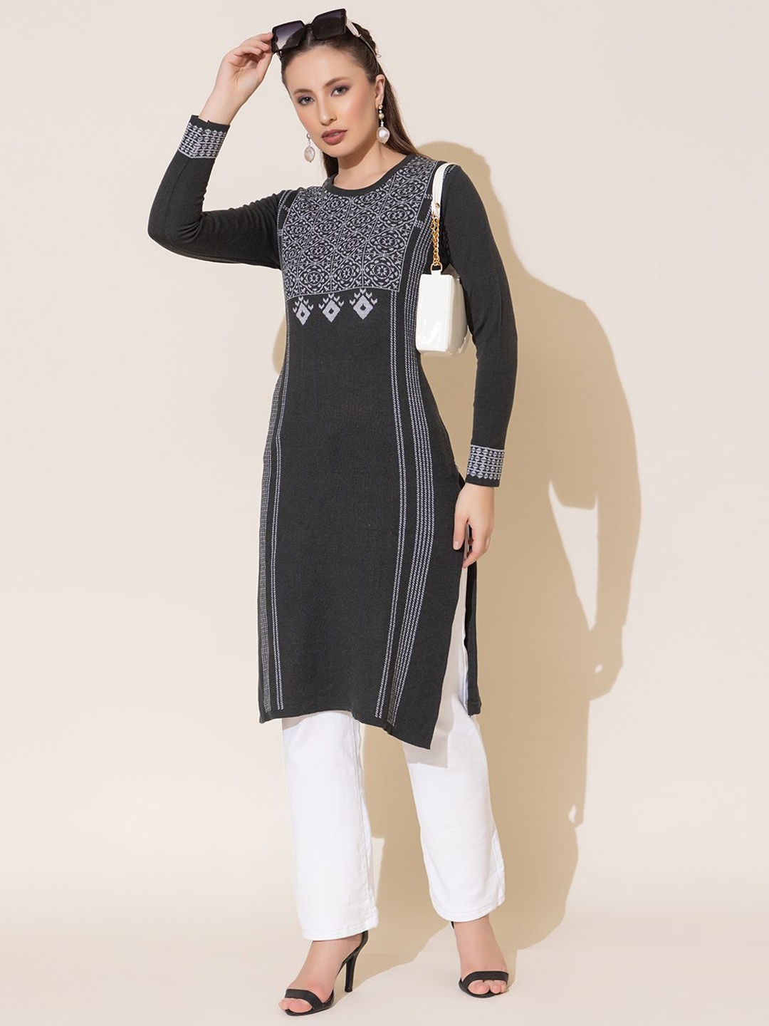 

Anouk Grey & White Ethnic Motifs Woven Design Round Neck Jacquard Straight Kurta