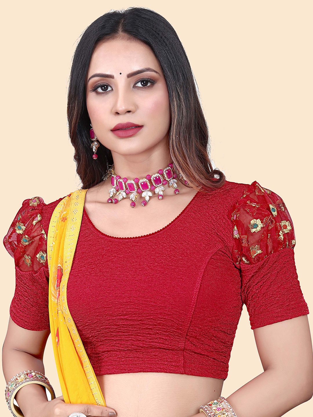 

SHREEJI DESIGNER Woven Design Saree Blouse, Red