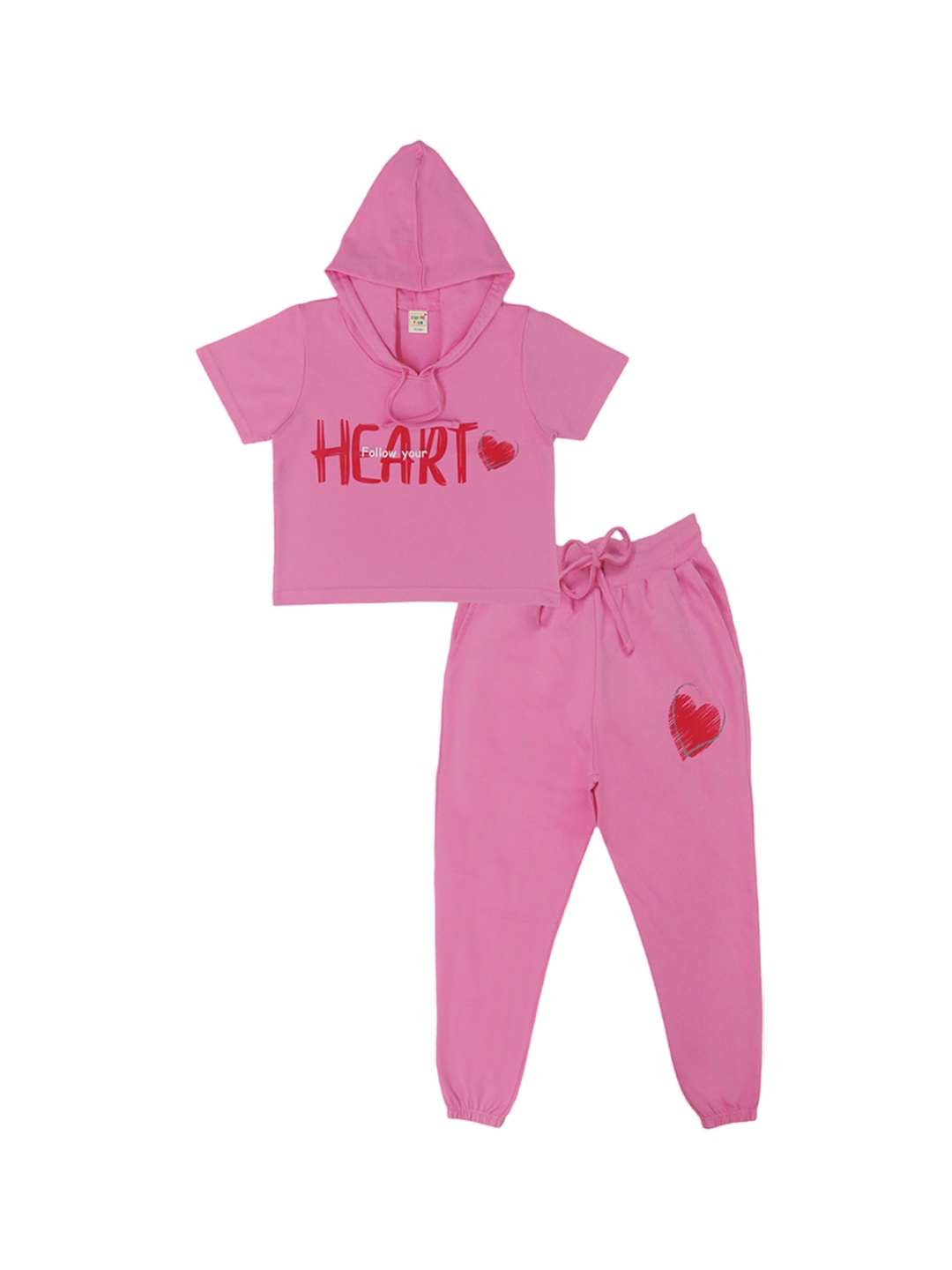 

Clothe Funn Kids Printed Hooded Short Sleeves Pure Cotton T-Shirt With Jogger, Pink