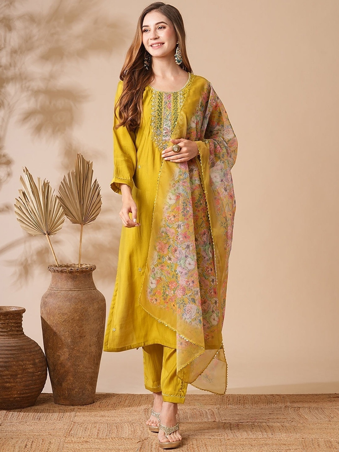 

BLACK SCISSOR Embroidered Regular Chanderi Cotton Straight Kurta with Trousers & Dupatta, Yellow