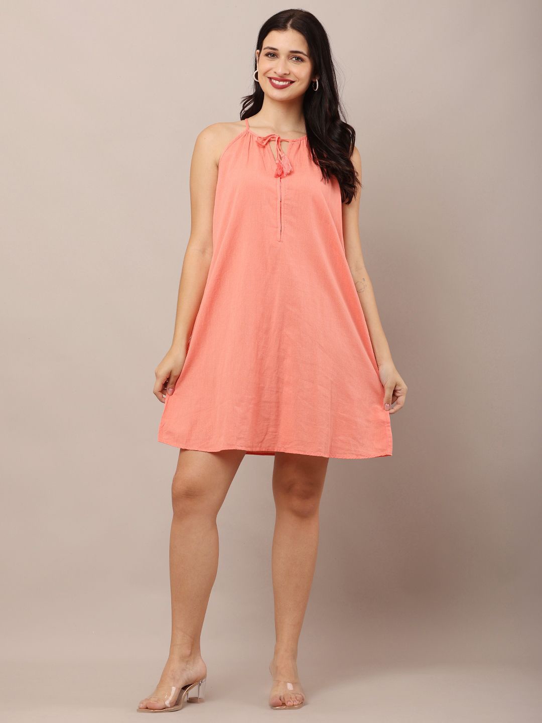 

NoBarr Women Cotton Sleeveless A-Line Dress, Pink