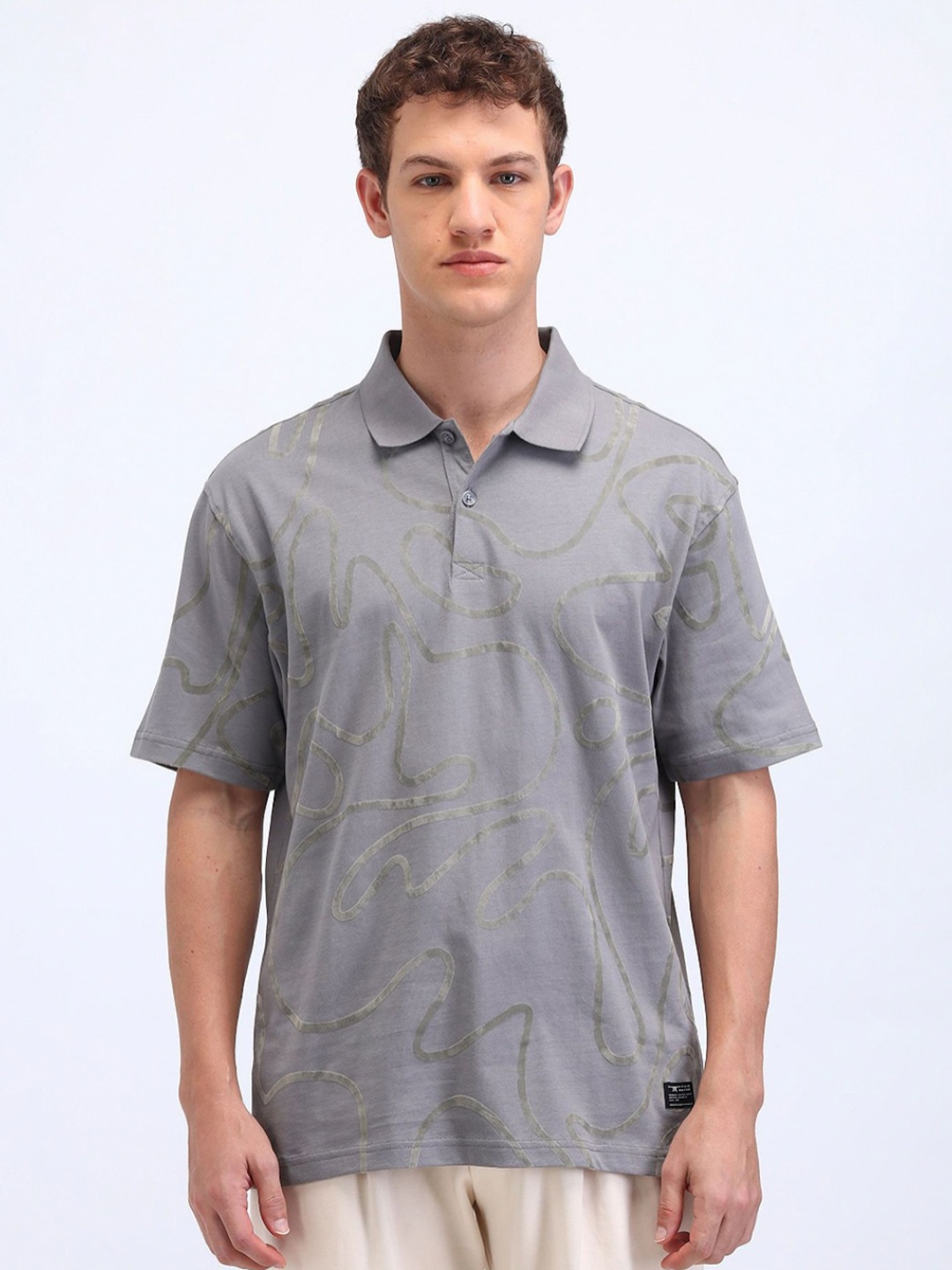

Flying Machine Men Printed Polo Collar T-shirt, Grey
