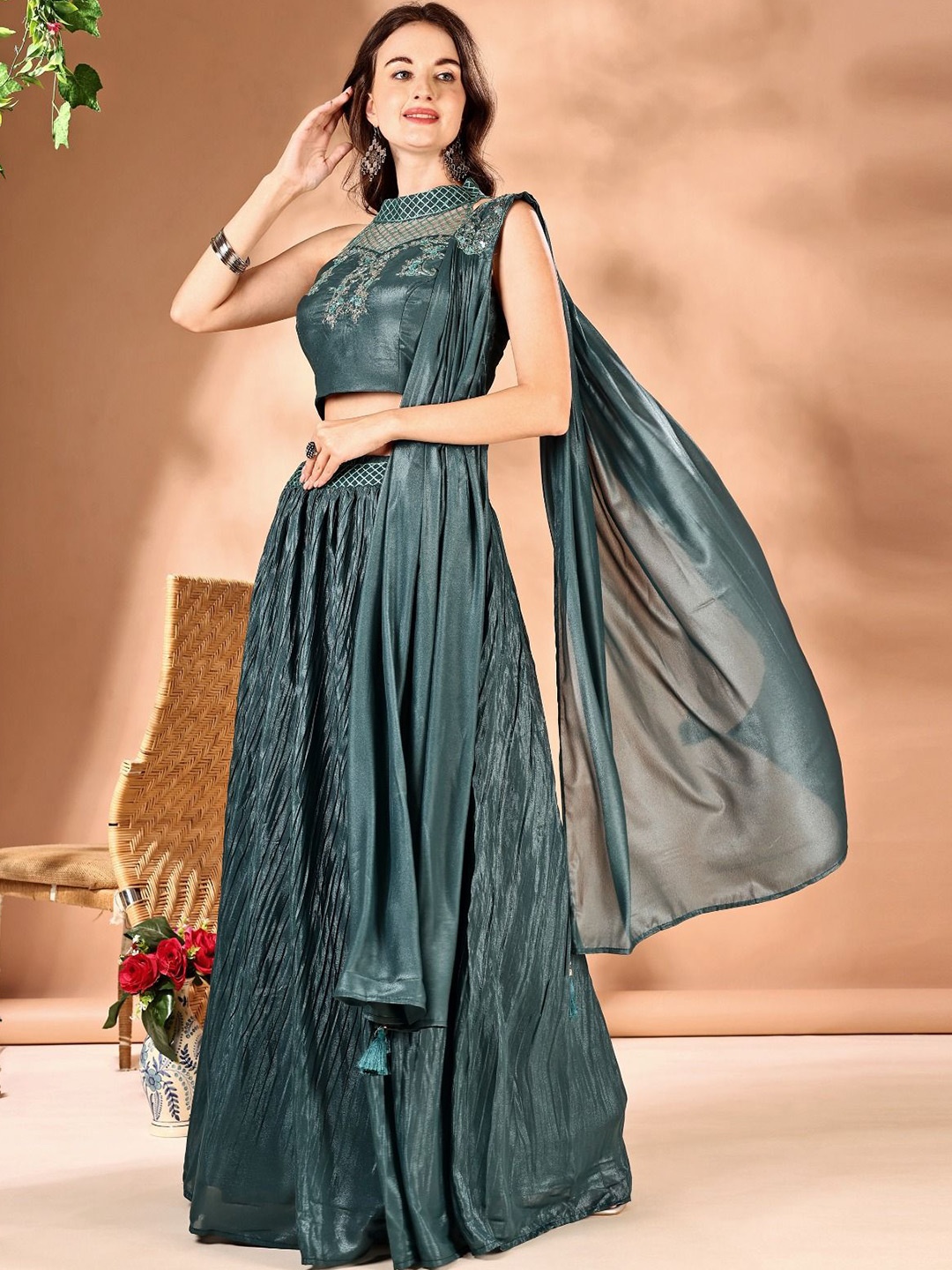 

JIVORA Embroidered Thread Work Ready to Wear Lehenga & Blouse With Dupatta, Green