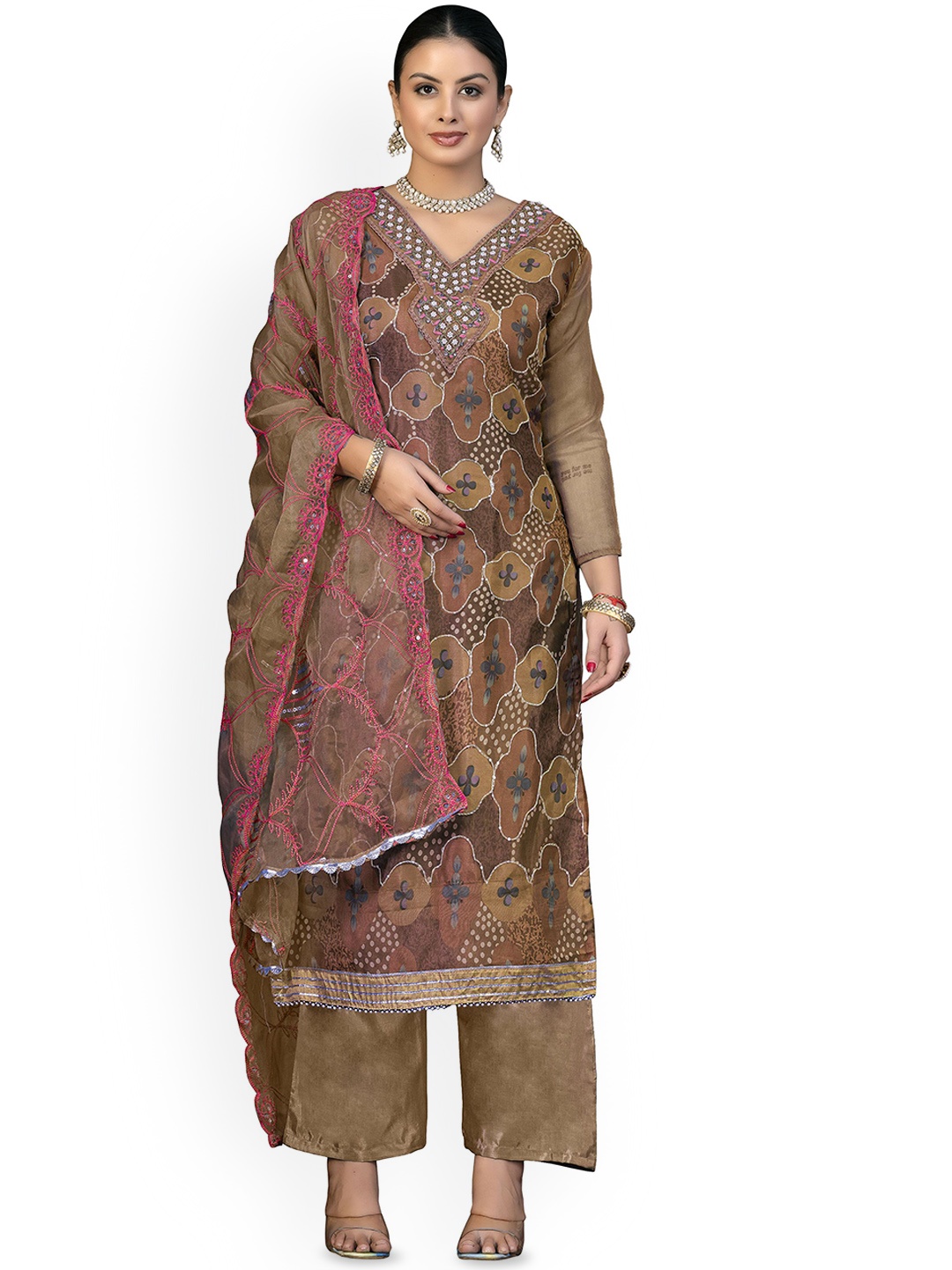 

Maroosh Floral Embroidered Thread work Organza Unstitched Dress Material, Brown