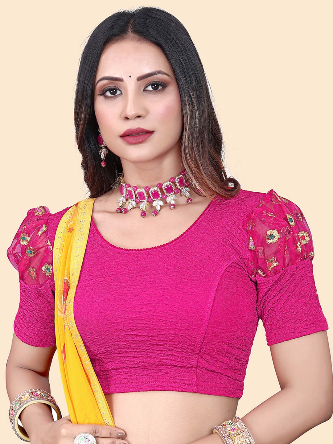 

SHREEJI DESIGNER Women Woven Design Stretchable Blouse, Pink