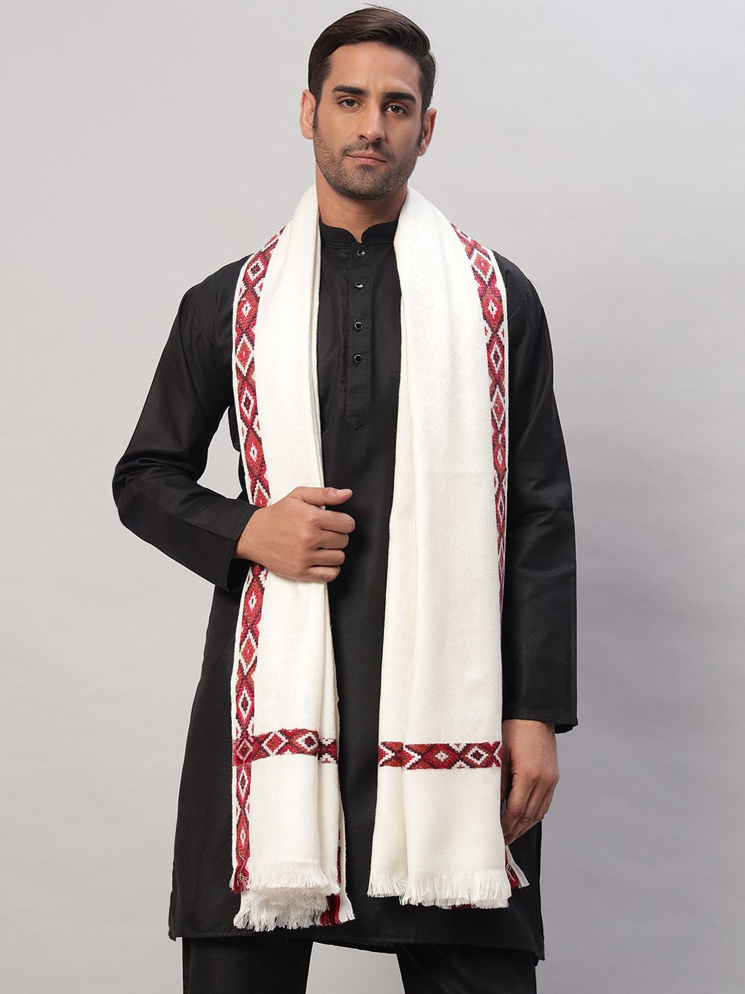 

HANDICRAFT PALACE Geometric Woven Design Woollen Shawl, White
