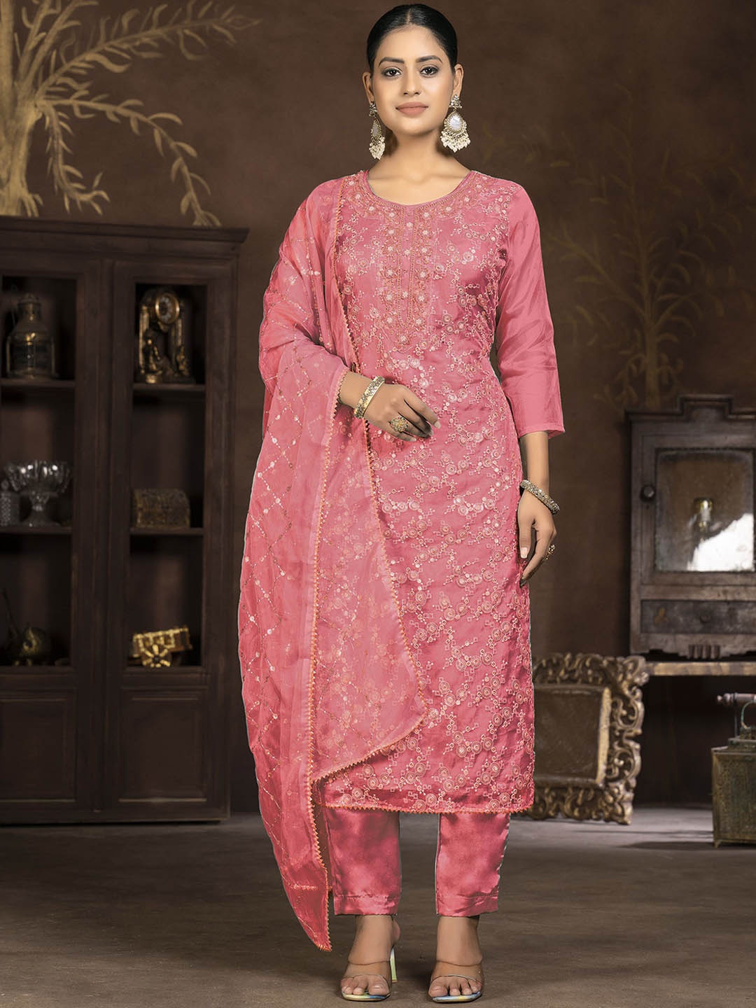 

Maroosh Ethnic Motifs Embroidered Sequinned Organza Unstitched Dress Material, Peach