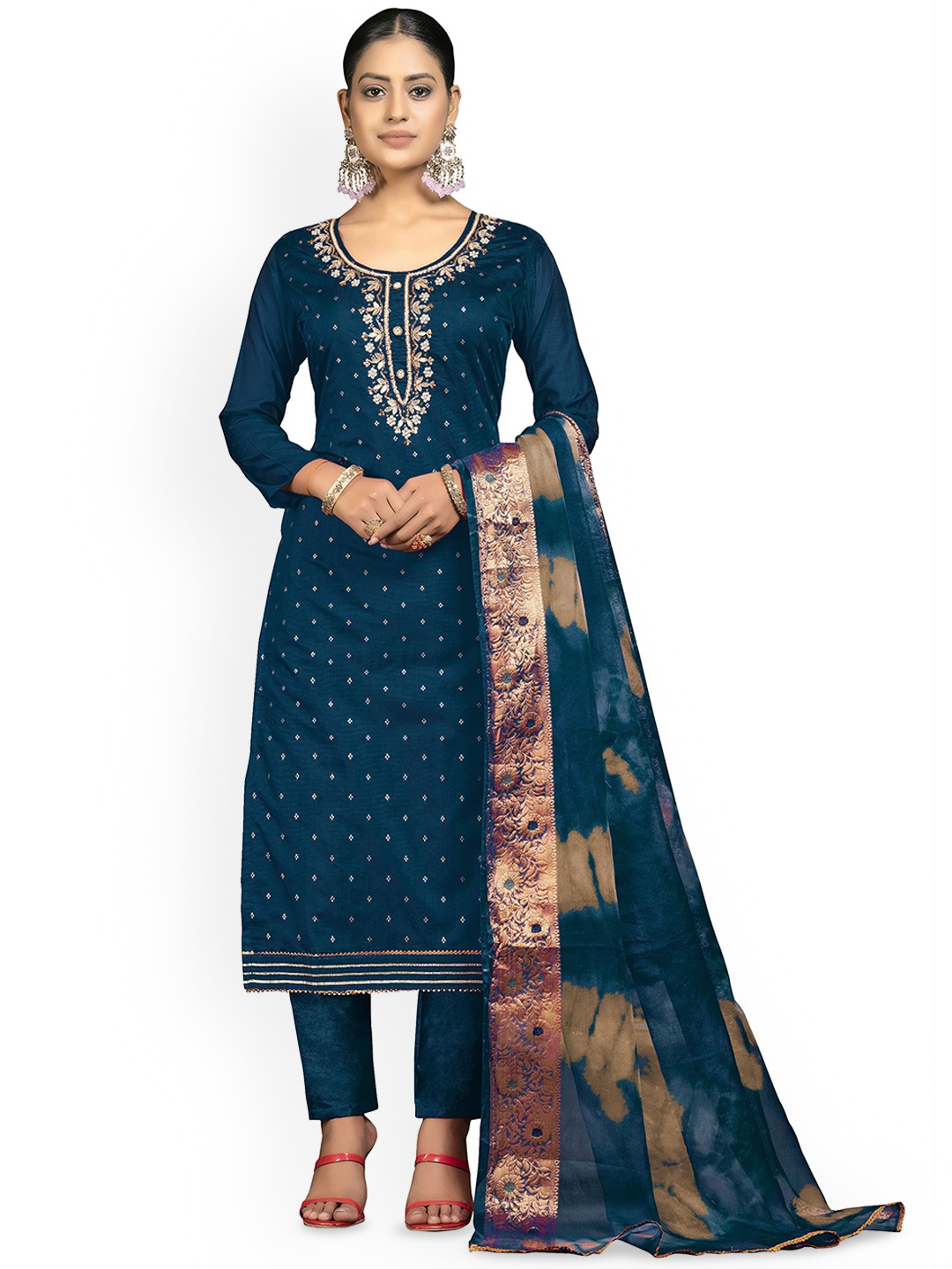 

Maroosh Ethnic Motifs Embellished Beads & Stones Cotton Jacquard Unstitched Dress Material, Turquoise blue