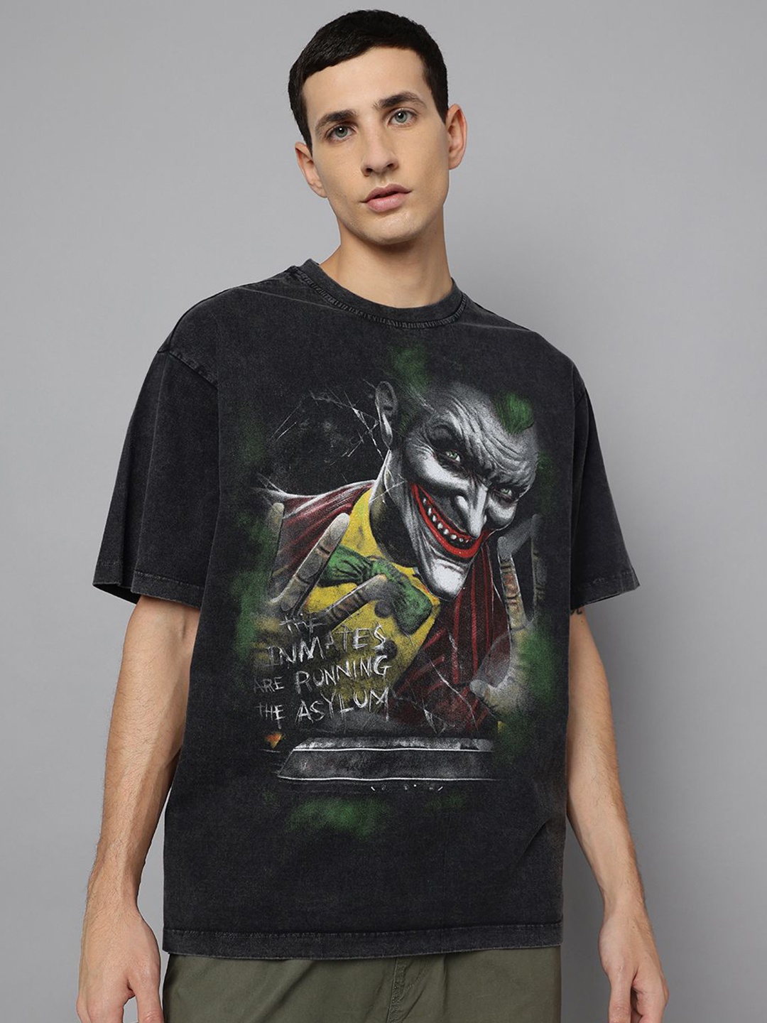 

Free Authority Men Graphic Printed Round Neck Cotton Oversized Joker T-shirt, Black