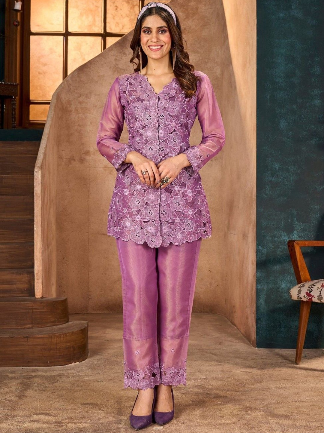 

AUTUMN LANE Embroidered Tunic With Trouser, Purple