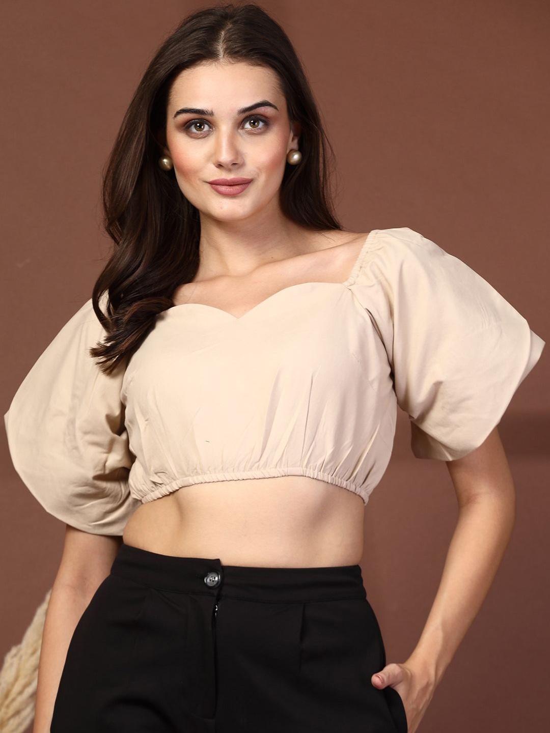 

plusS Women Cotton Crop Top, Beige