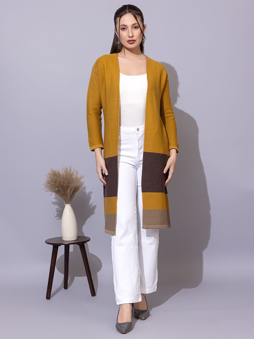 

Anouk Mustard Yellow Colourblocked Open Front Shrug