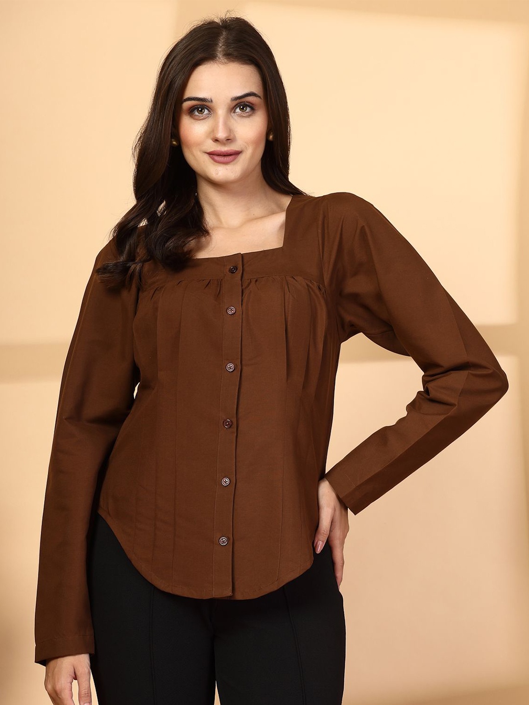 

plusS Women Collarless Solid Cotton Casual Shirt, Brown