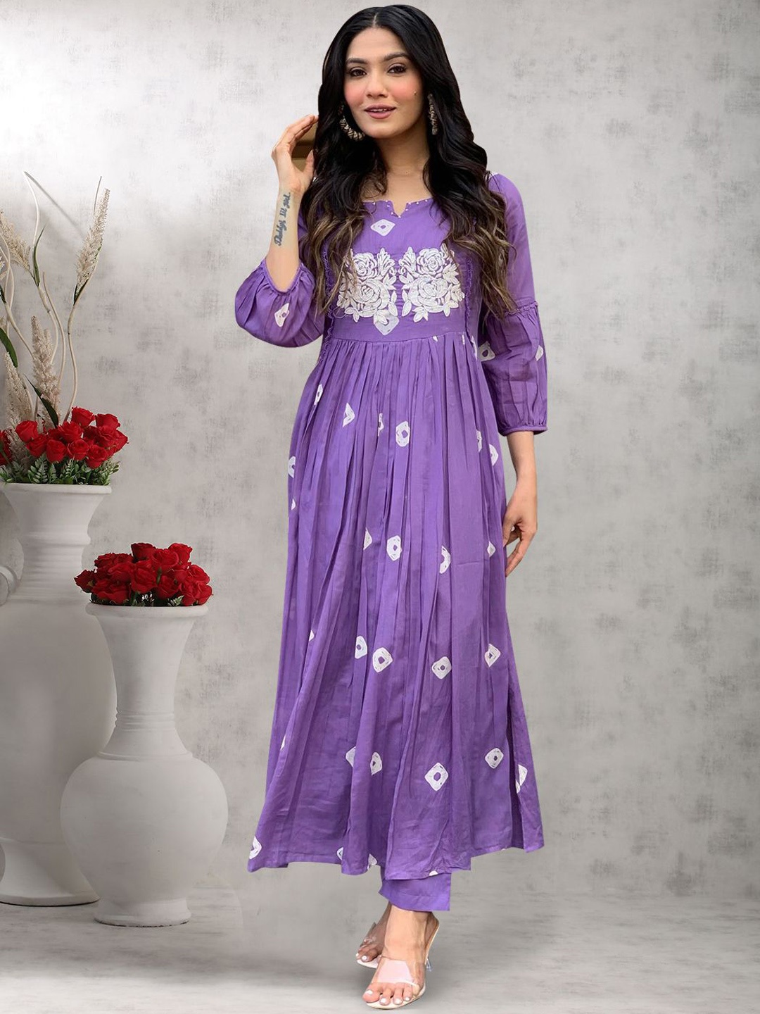 

KALINI Bandhani Embroidered Thread Work Anarkali Kurta With Trousers, Purple