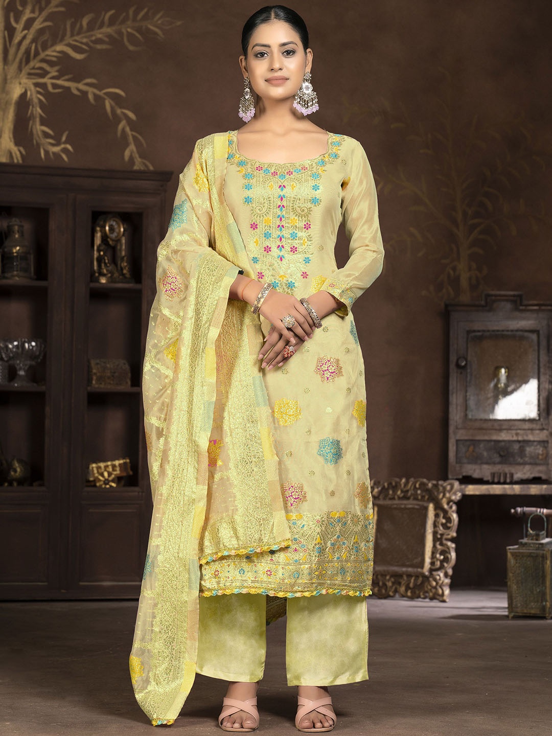 

Maroosh Floral Embellished Organza Unstitched Dress Material, Green