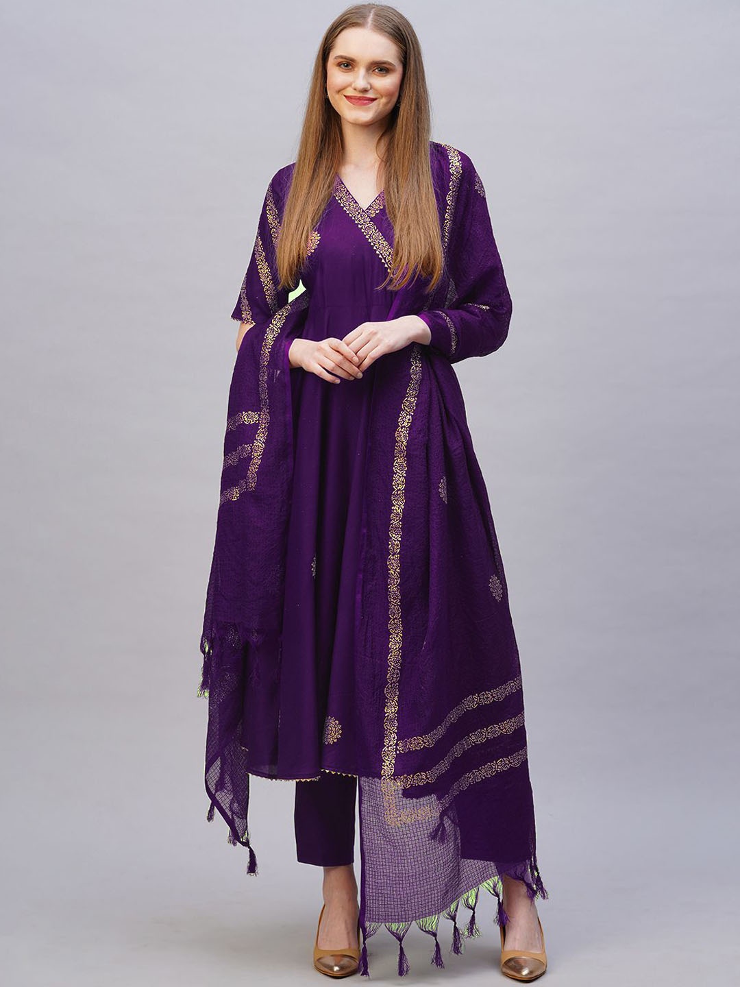 

KALINI Floral Printed V-Neck Zari Anarkali Kurta With Trousers & Dupatta, Purple
