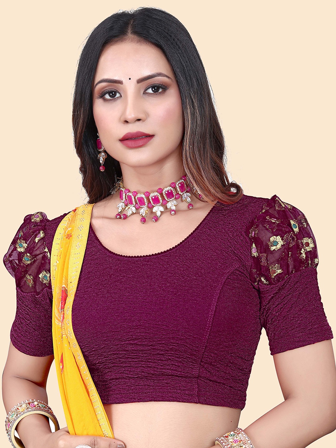 

SHREEJI DESIGNER Short Sleeves Woven Design Saree Blouse, Purple