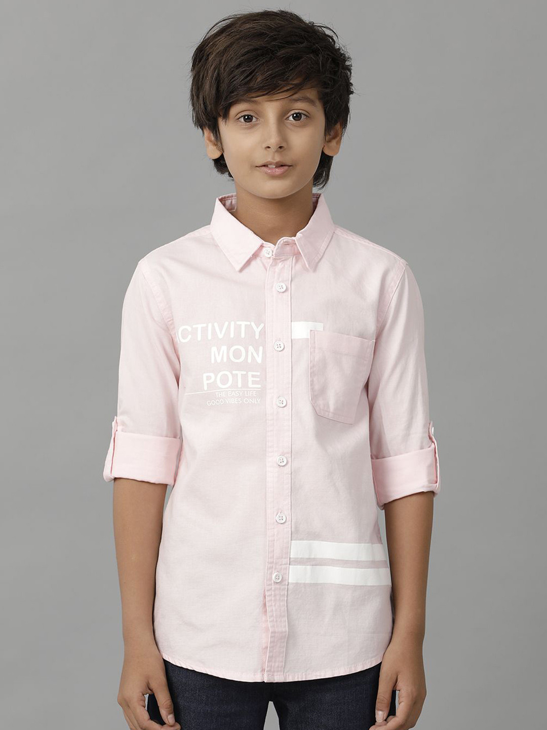

UNDER FOURTEEN ONLY Boys Spread Collar Typography Printed Cotton Casual Shirt, Pink