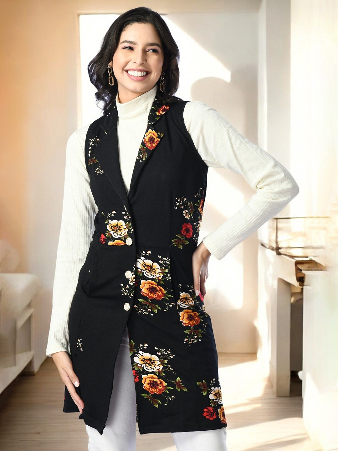 

BAESD Floral Printed Longline Button Shrug, Black