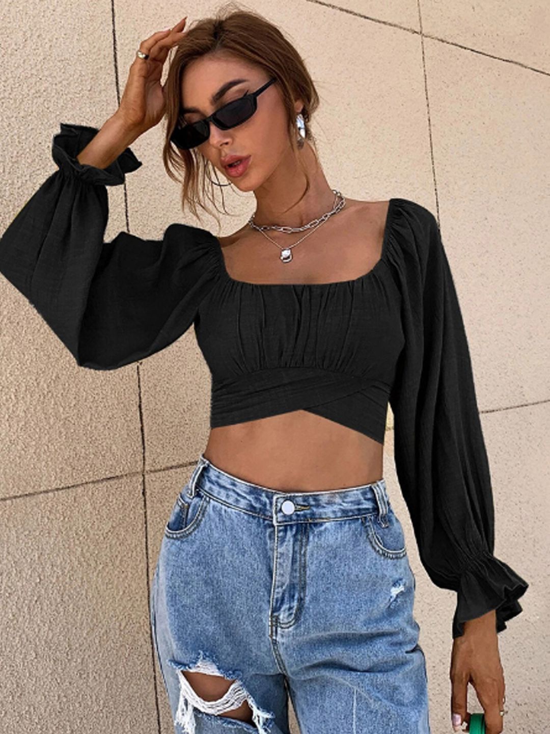 

StyleCast Women Puff Sleeve Cotton Crop Top, Black