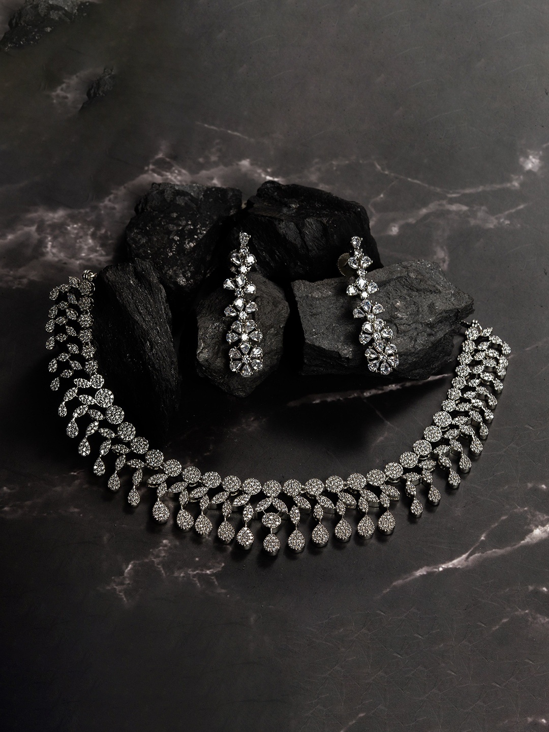 

Zevarly Rhodium-Plated Stone Studded Jewellery Set, Silver