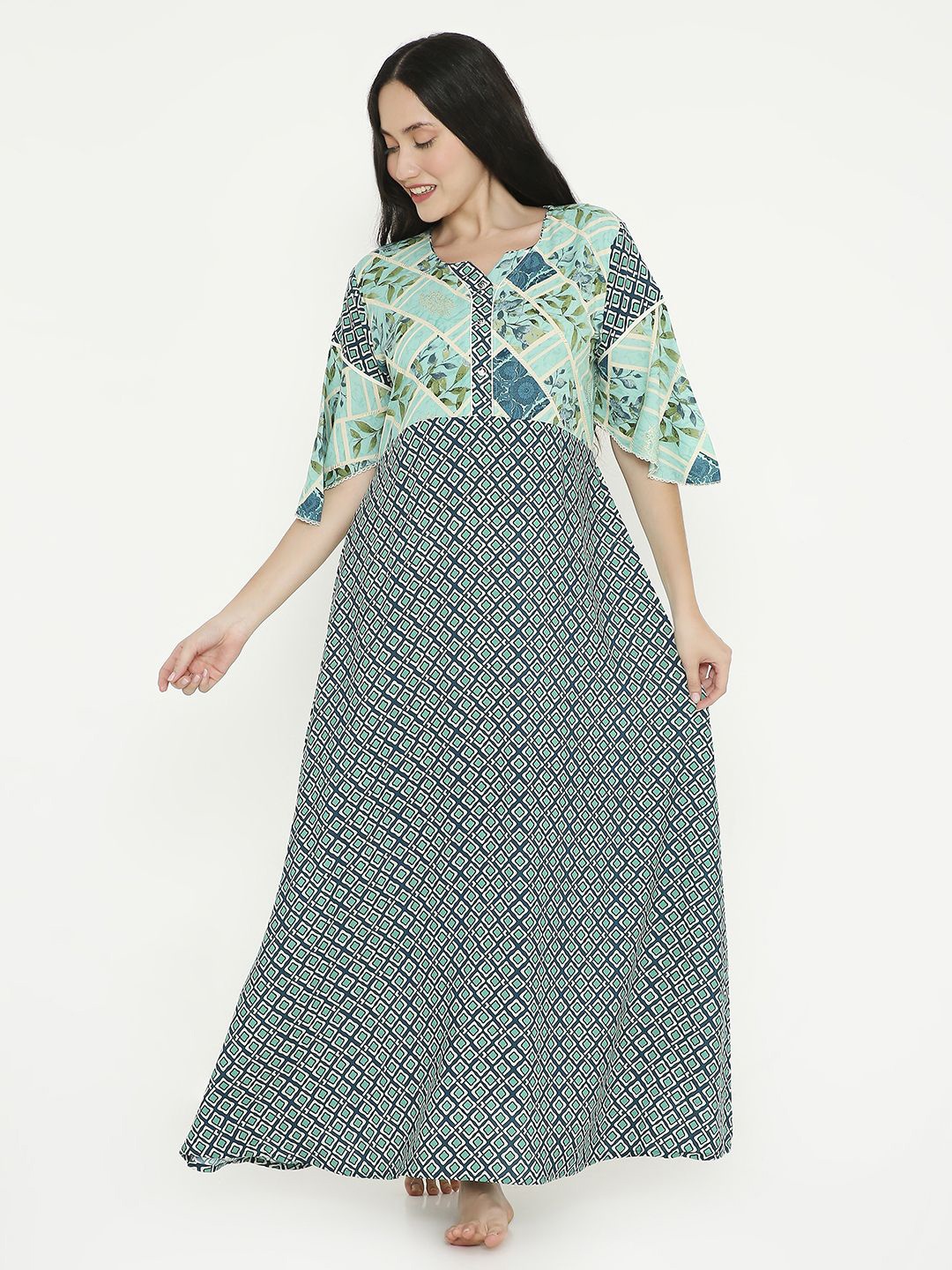 

NIGHTSPREE Printed Round Neck Maxi Nightdress, Green