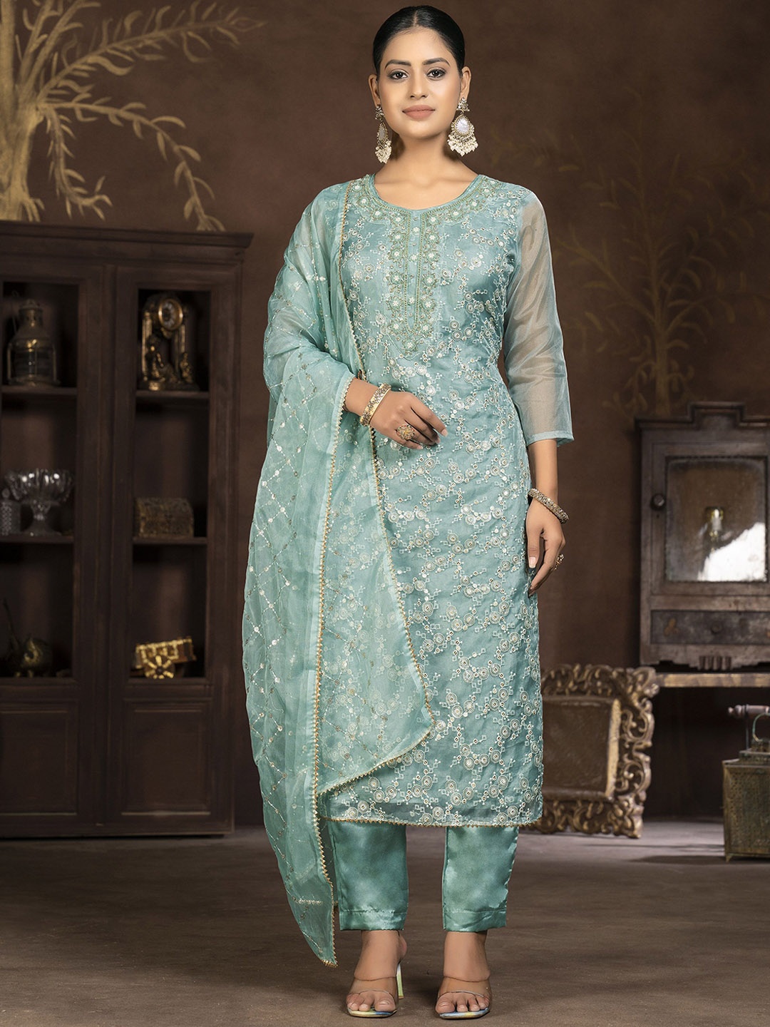 

Maroosh Ethnic Motifs Embroidered Beads and Stones Organza Unstitched Dress Material, Sea green