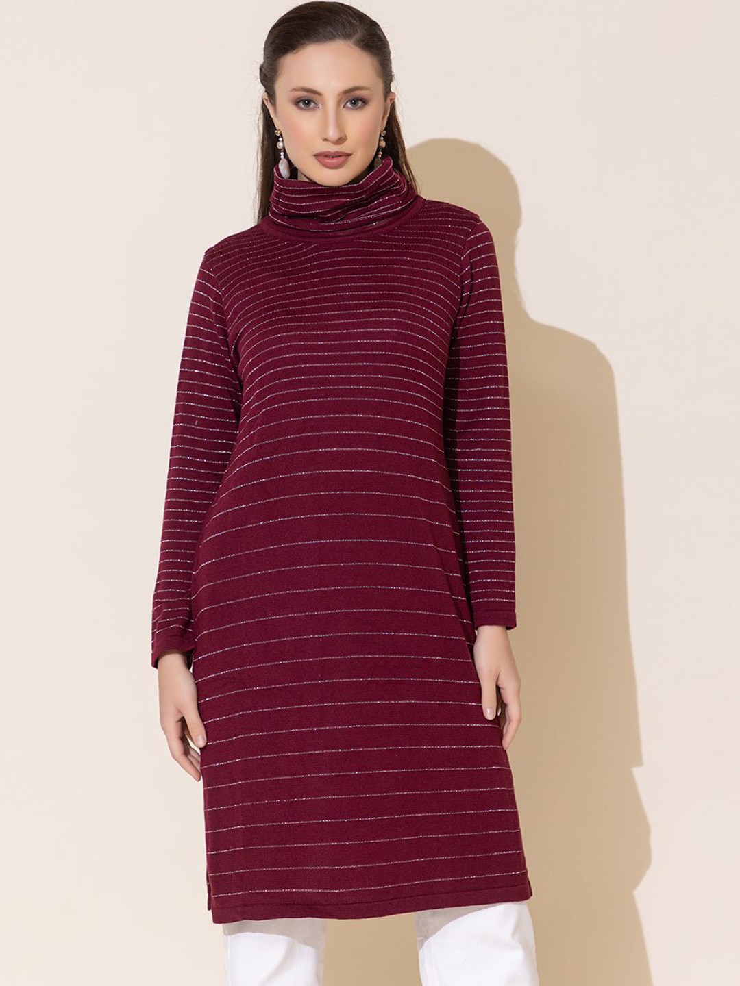 

Anouk Maroon Striped Woven Design High Neck Jacquard Straight Kurta