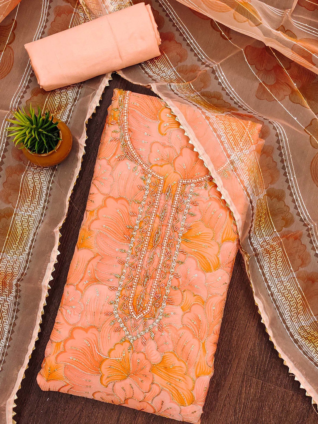 

KALINI Floral Embroidered Organza Unstitched Dress Material, Orange