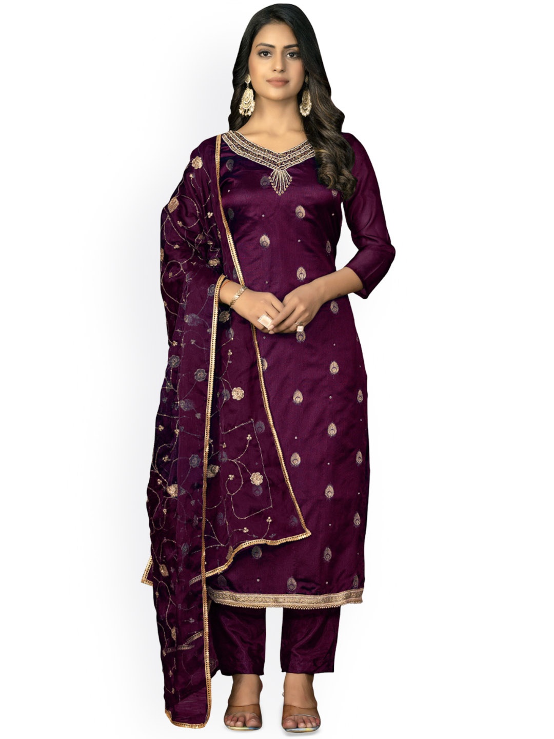 

Maroosh Ethnic Motifs Embroidered Beads and Stones Organza Unstitched Dress Material, Maroon