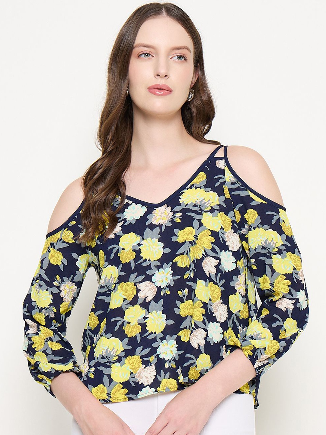 

Madame Women Floral Printed Cold-Shoulder Top, Navy blue