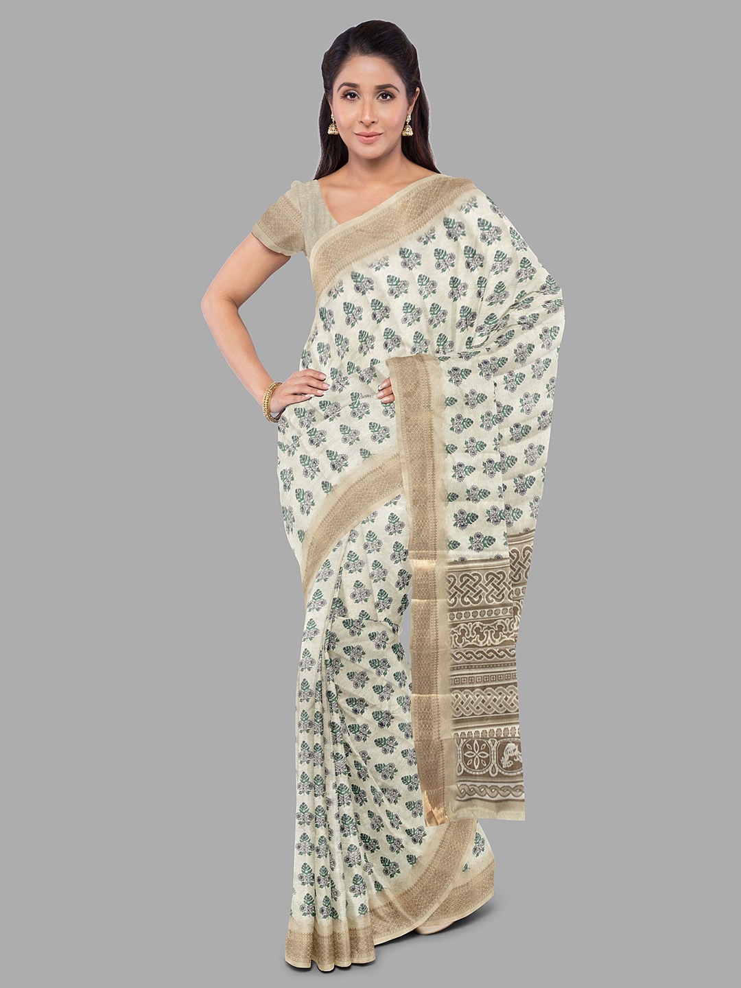 

The Chennai Silks Women Floral Fusion Khadi Saree, Beige