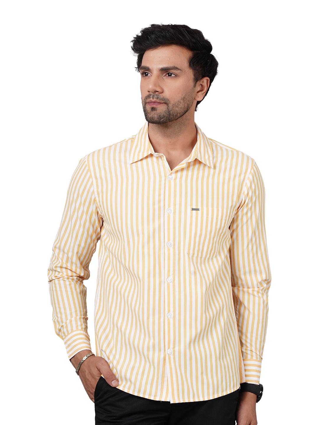 

NUEVOSDAMAS Men Comfort Spread Collar Vertical Striped Cotton Casual Shirt, Yellow