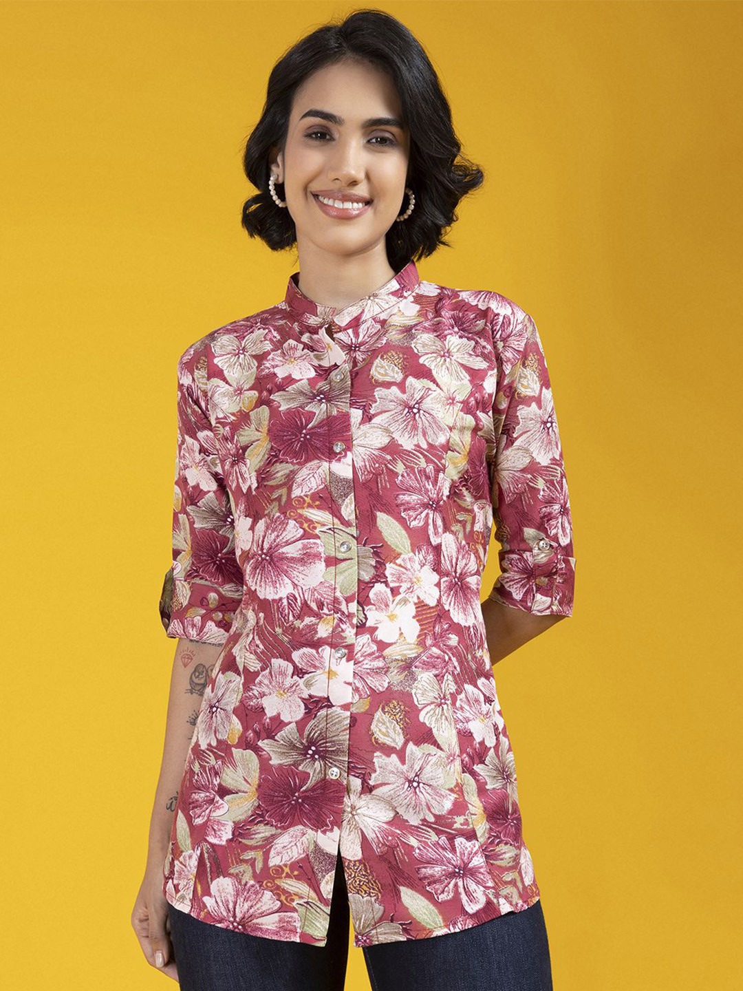 

KALINI Women Classic Mandarin Collar Floral Printed Cotton Casual Shirt, Peach