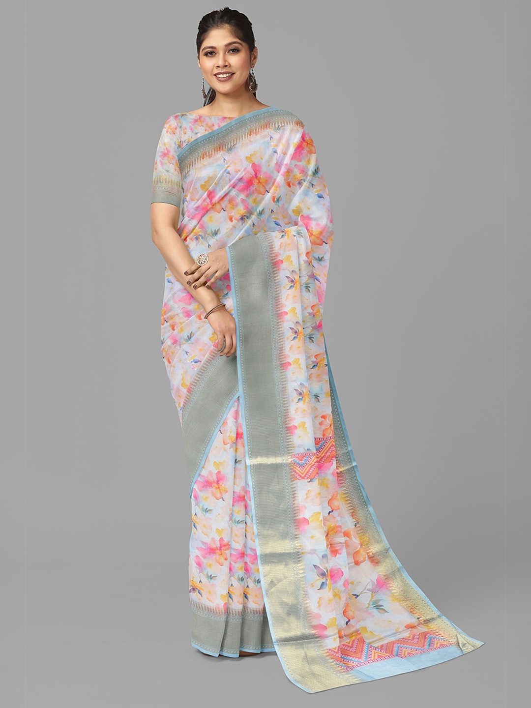 

The Chennai Silks Floral Printed Fusion Banarasi Saree, Cream
