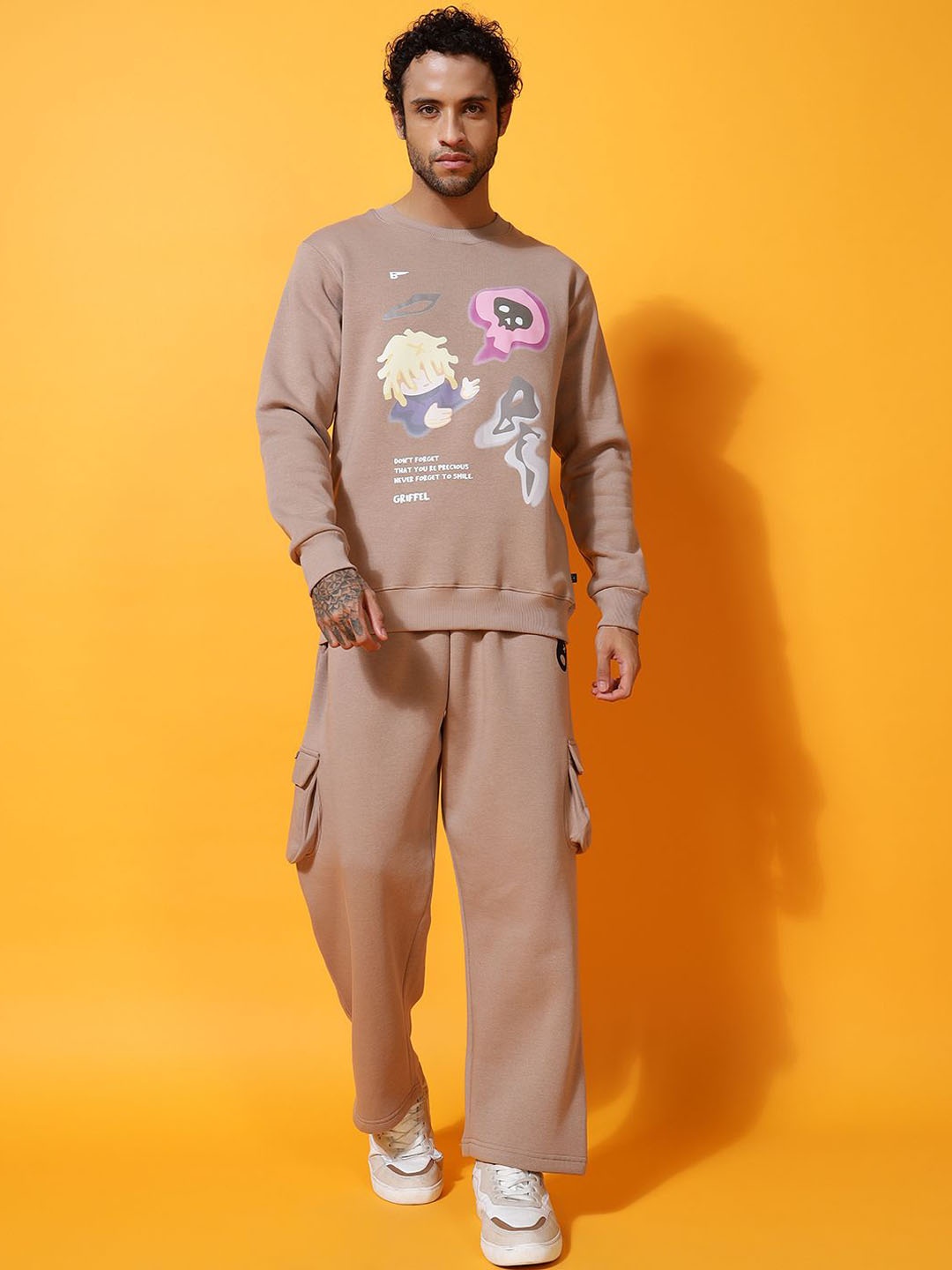 

GRIFFEL Men Printed Self Design Long Sleeves Mid-Rise Tracksuits, Camel brown