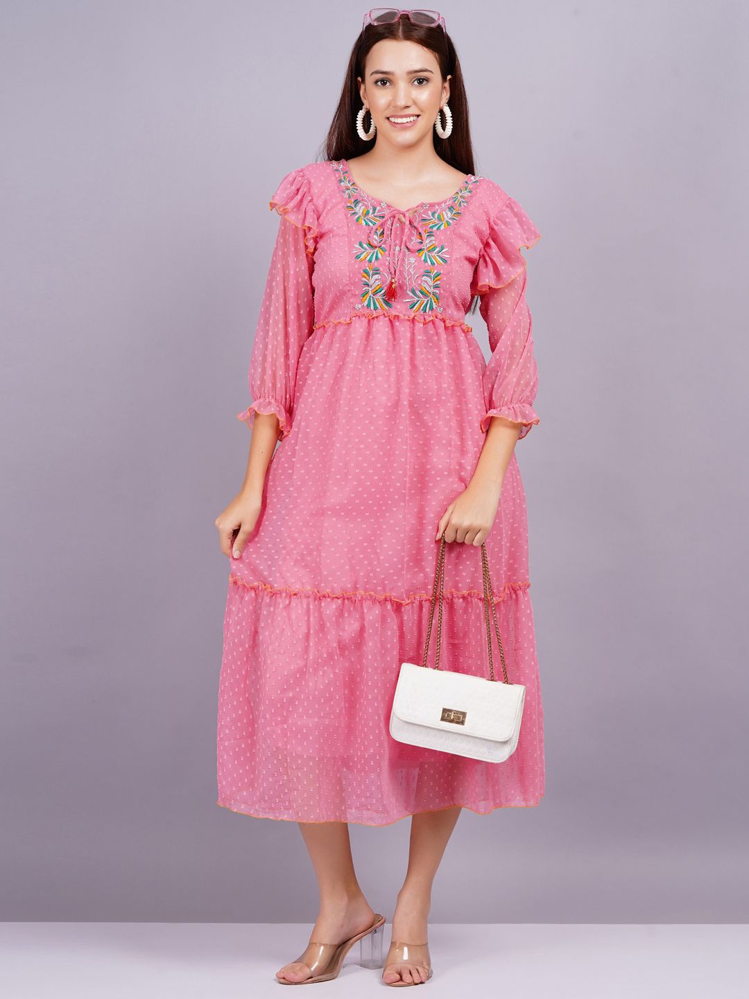 

BPT DESIGNER Embroidered Puff Sleeve Georgette Fit & Flare Midi Dress, Pink