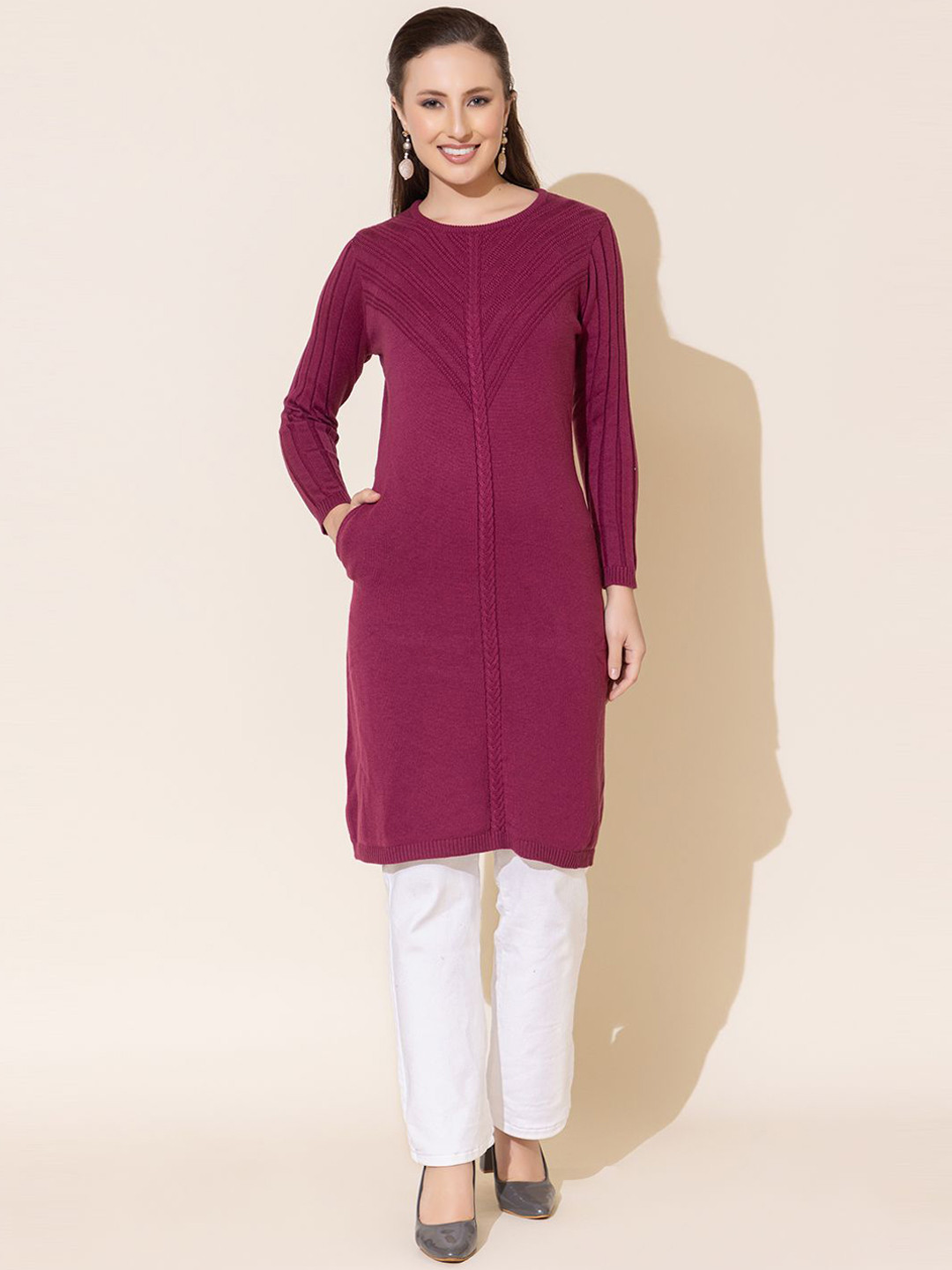 

Anouk Purple Geometric Woven Design Round Neck Jacquard Straight Kurta
