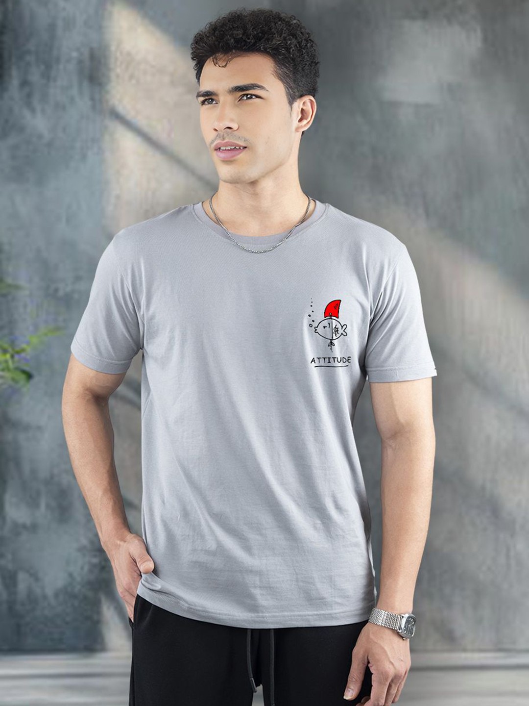 

PRONK Men Graphic Printed Round Neck Cotton T-shirt, Grey