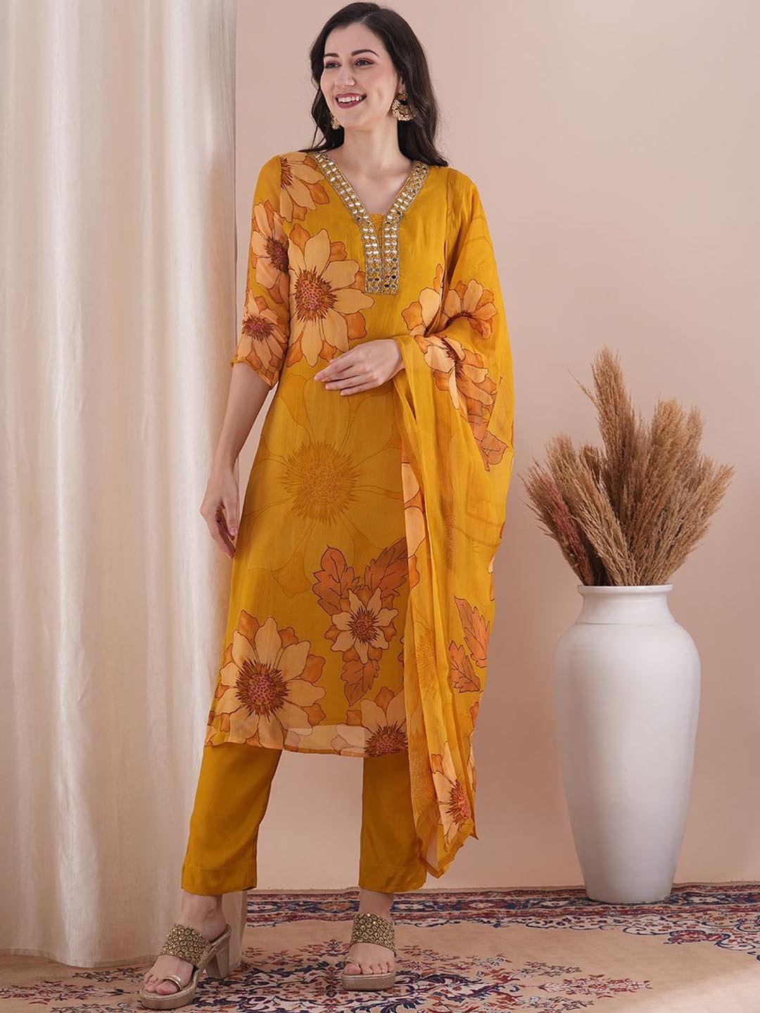 

FASHOR Floral Printed Mirror Work Kurta With Trousers & Dupatta, Mustard