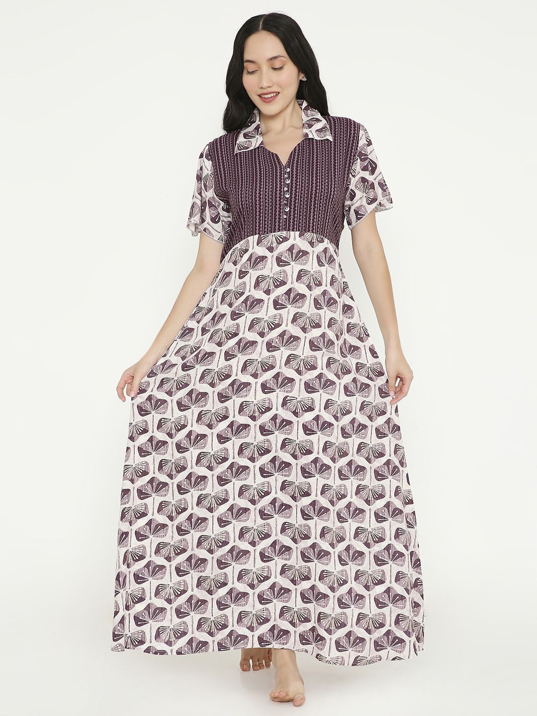

NIGHTSPREE Women Printed Maxi Nightdress, Purple