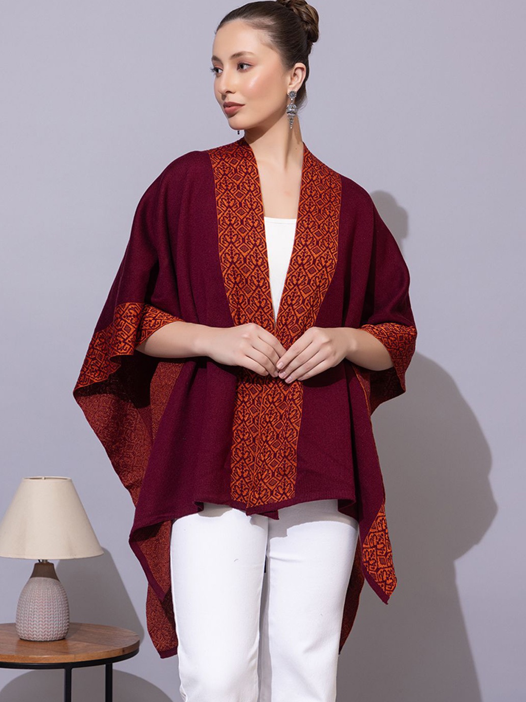 

Anouk Maroon Ethnic Motifs Printed Open Front Shrug