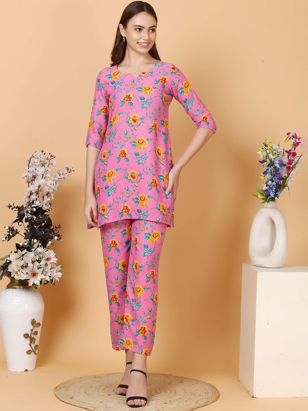 

Tulip Eden Floral Printed Round Neck Three-Quarter Sleeve Top With Trouser, Pink