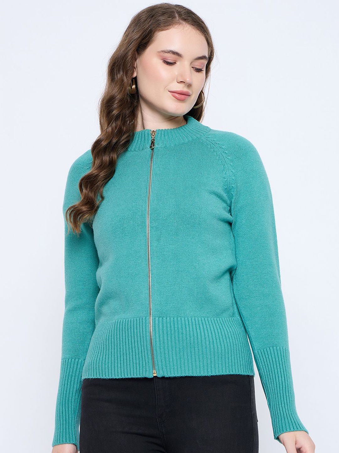 

Madame Women Mock Collar Cardigan, Blue