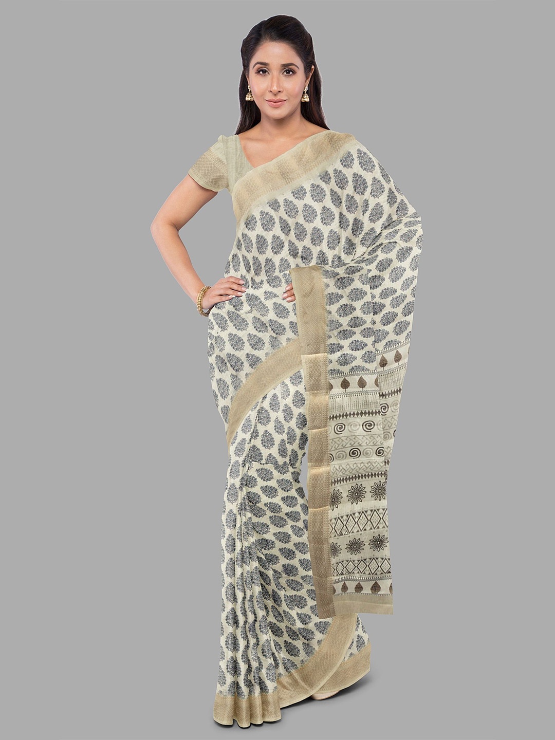 

The Chennai Silks Floral Fusion Khadi Saree, Beige