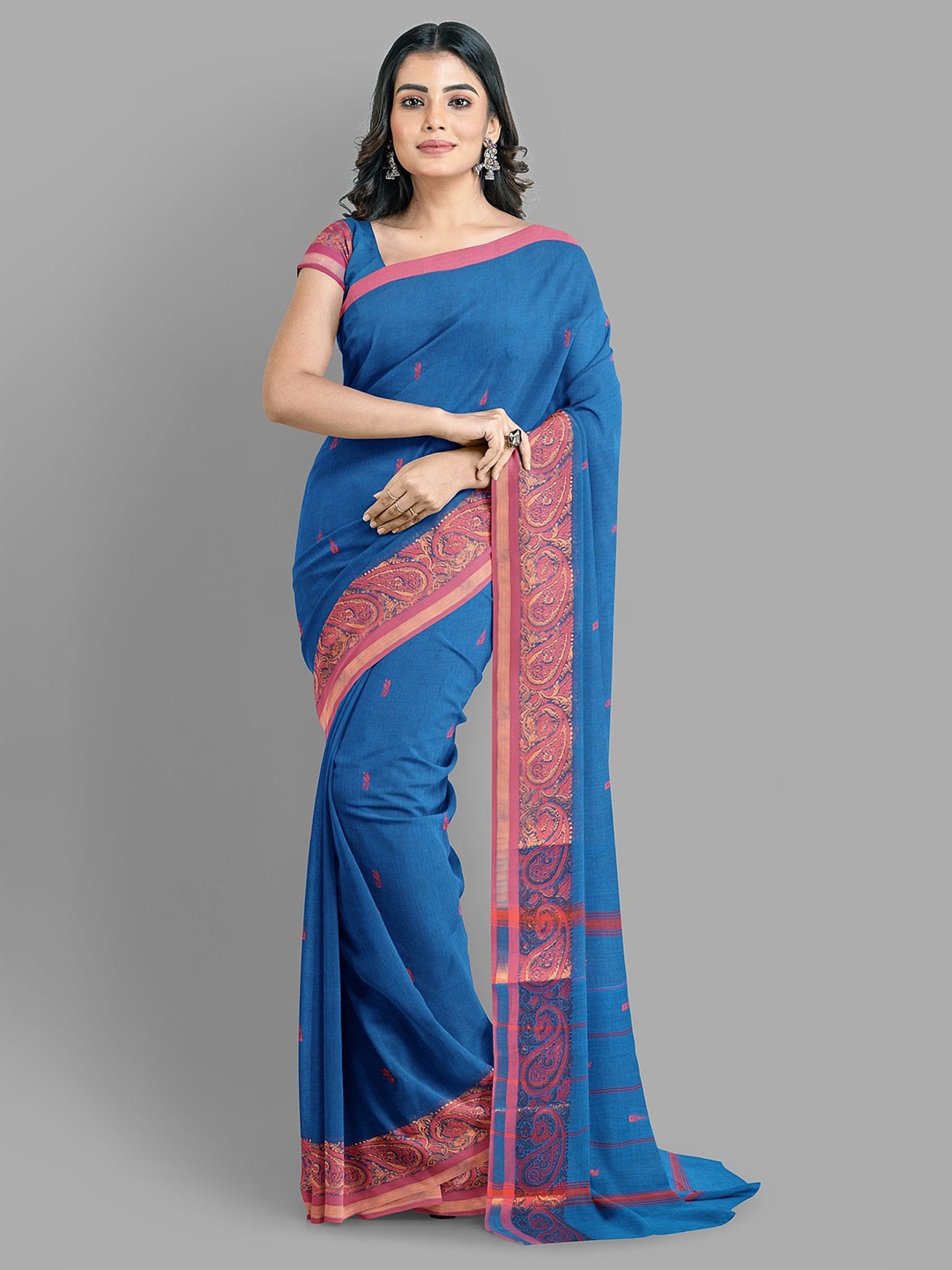 

The Chennai Silks Woven Design Zari Pure Cotton Gadwal Saree, Blue