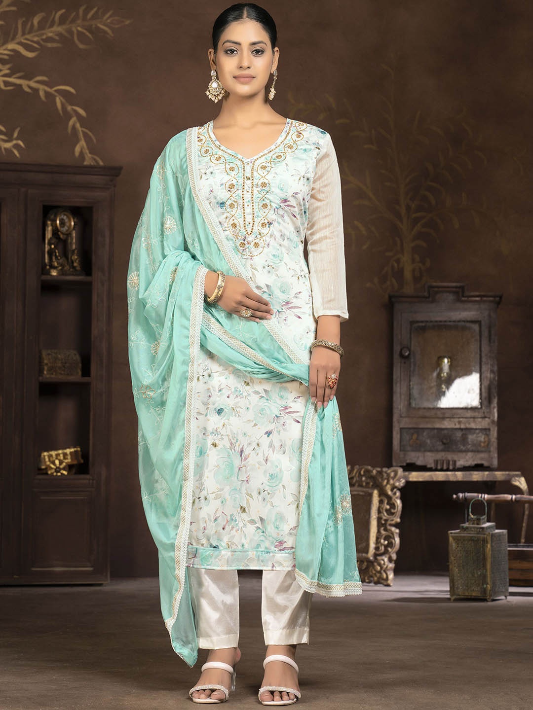 

Maroosh Floral Embroidered Beads and Stones Unstitched Dress Material, White