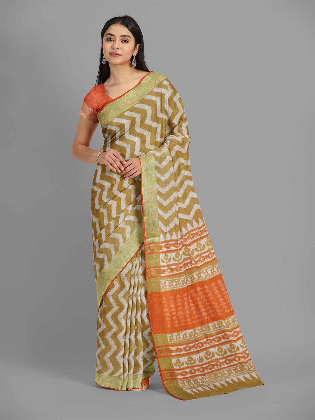 

The Chennai Silks Geometric Printed Bhagalpuri Saree, Mustard