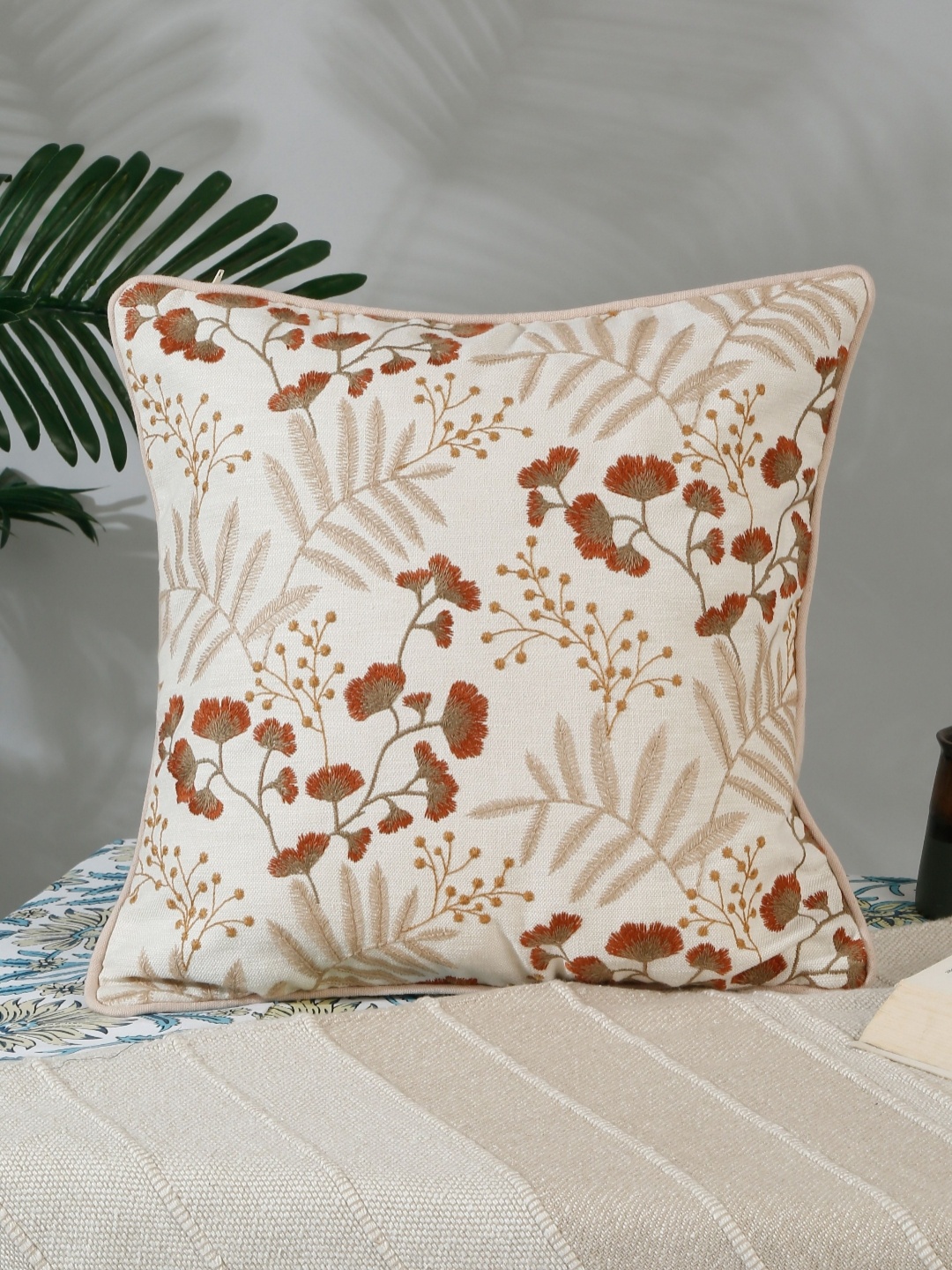

NISRAG HOME Off White & Brown Floral Printed Cotton Square Cushion Cover