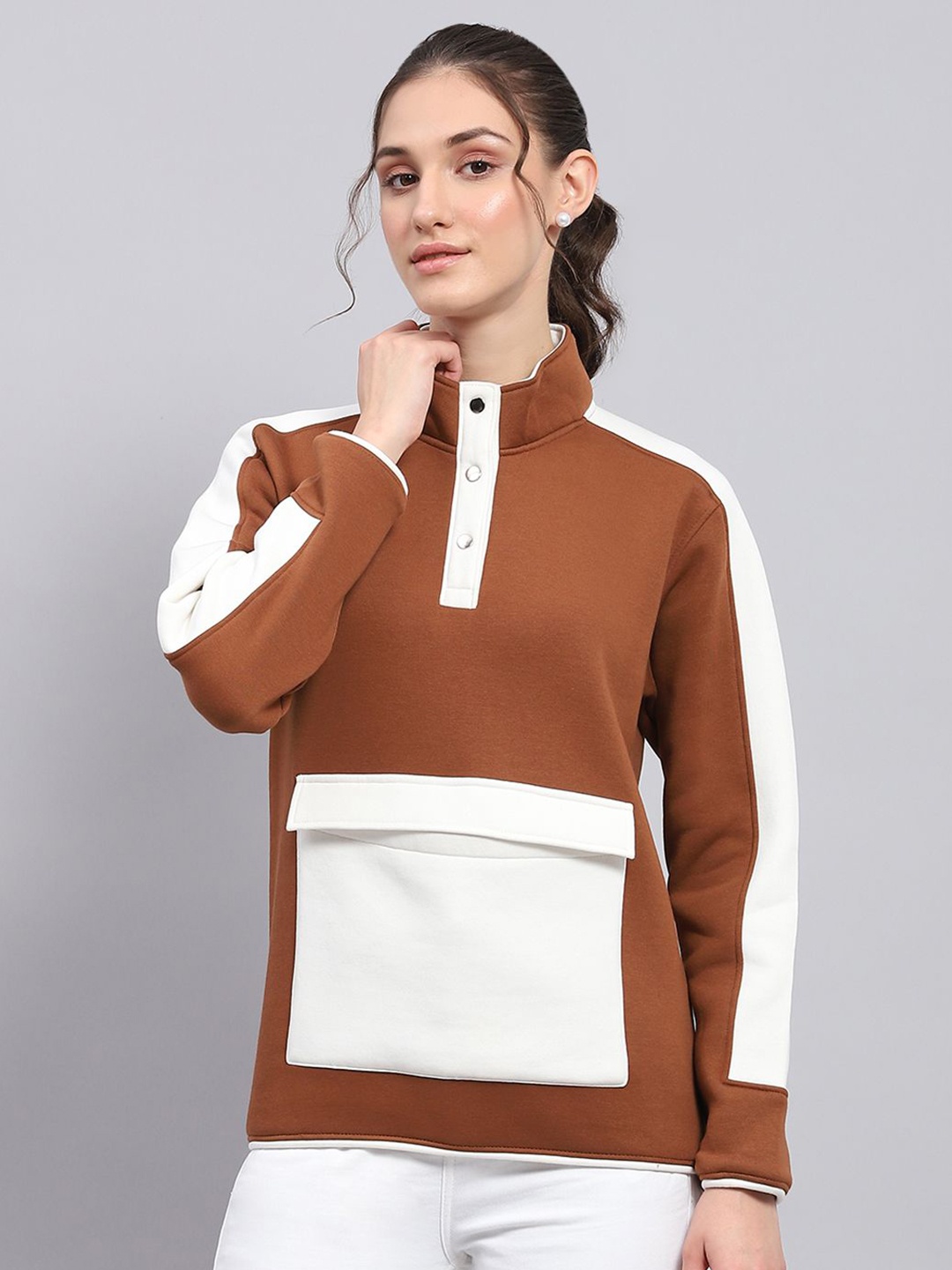 

rock.it Women Colourblocked Cotton Sweatshirt, Brown